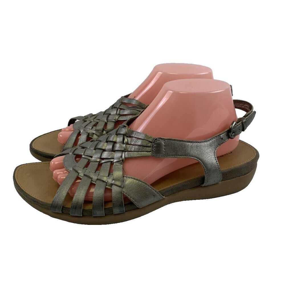 GH‎ Bass Co KAT Sandals Pewter Metallic Leather Strappy Buckle Flat Womens 11